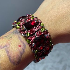 Gorgeous metal red and green floral cuff bracelet
